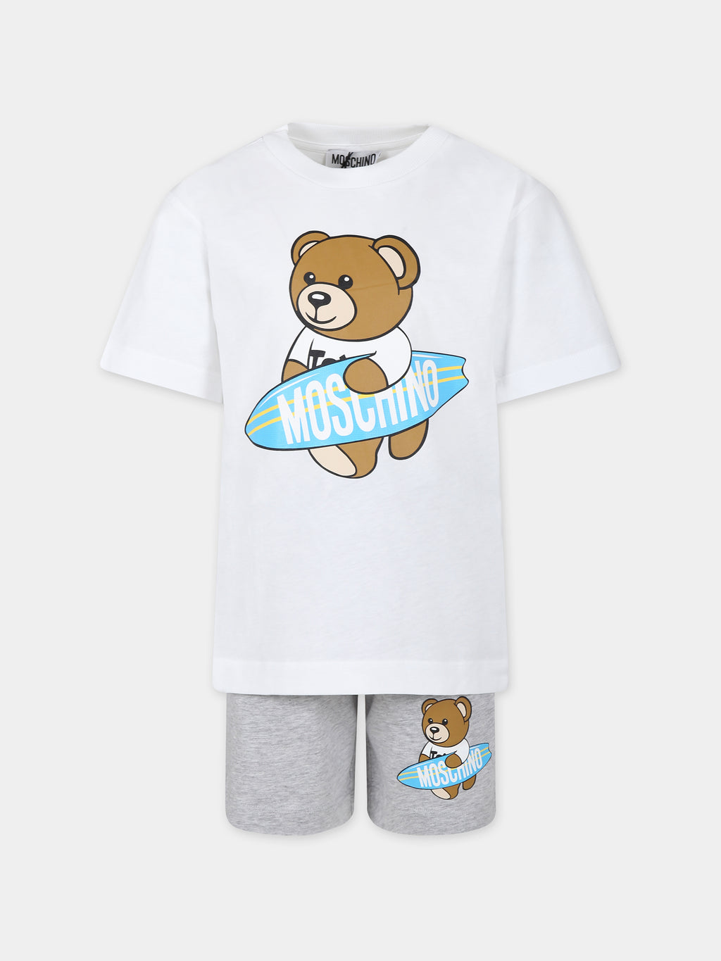 White suit for boy with teddy Bear and surfboard